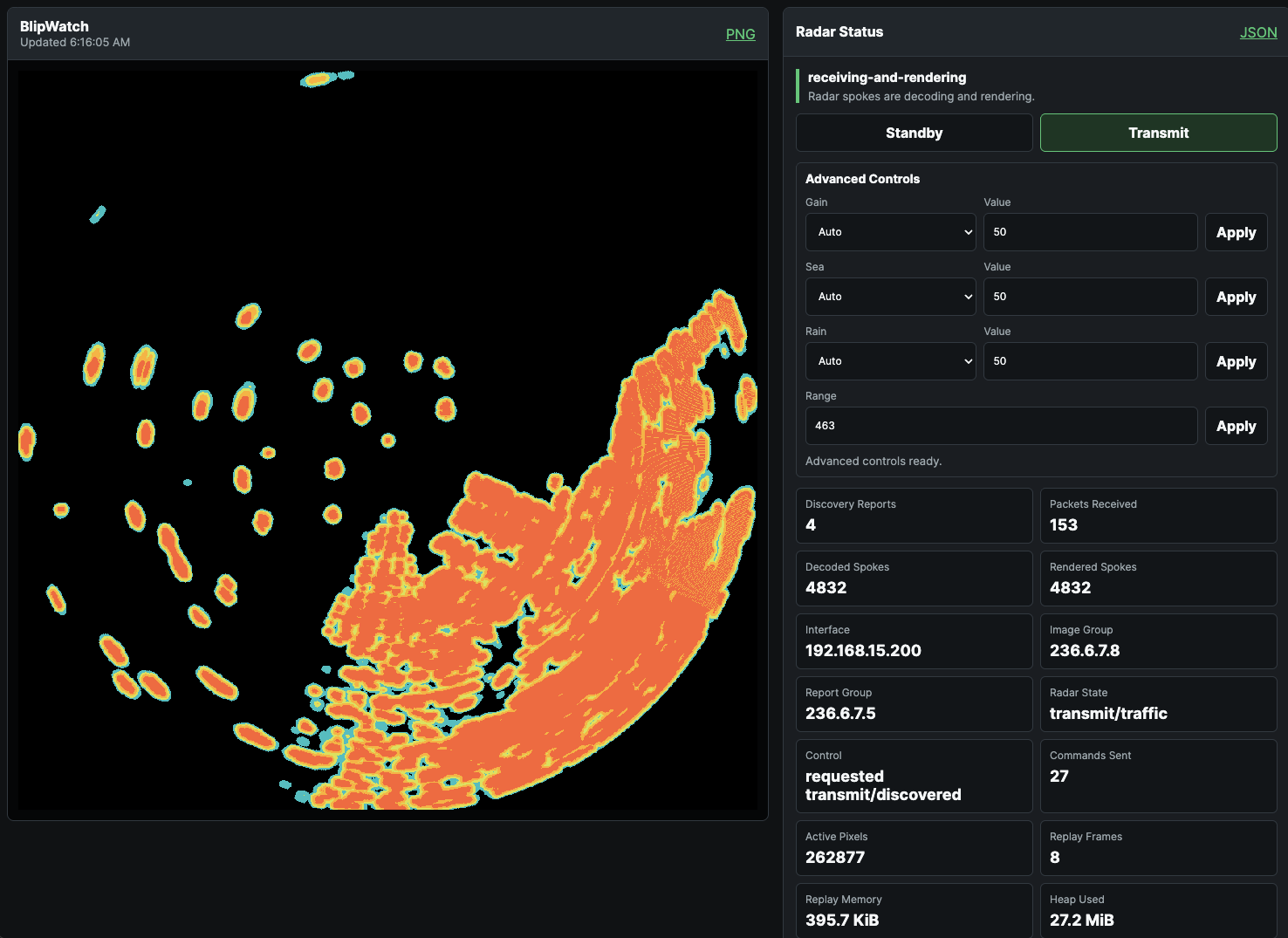 BlipWatch web dashboard showing live radar image with status panel and controls
